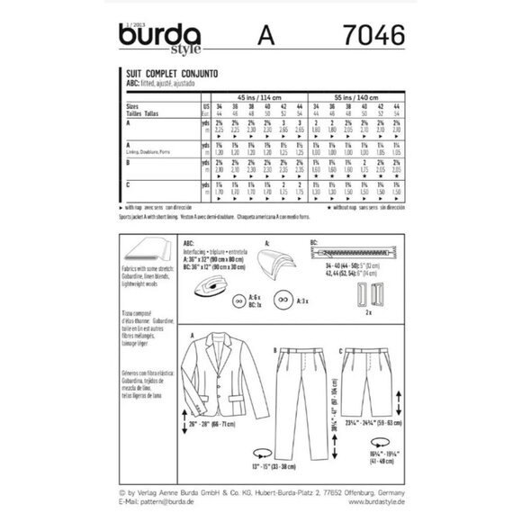 Burda Pattern 7046 Fitted Suit Jacket Pants Trousers Bermuda Shorts Size 34 - 44 - Picture 2 of 3